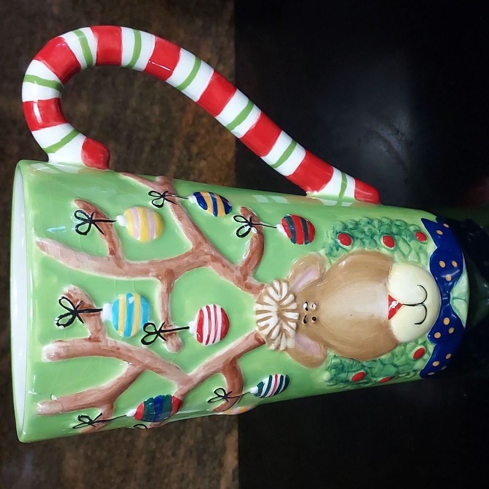 Christmas Mug Embossed Reindeer With Candy Cane Handle